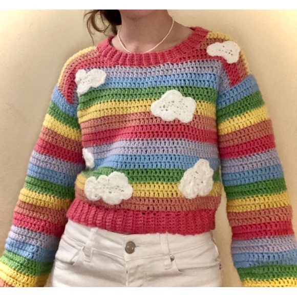 Crochet handmade pastel rainbow round neck long sleeve acrylic sweater size XS/S - Picture 5 of 7